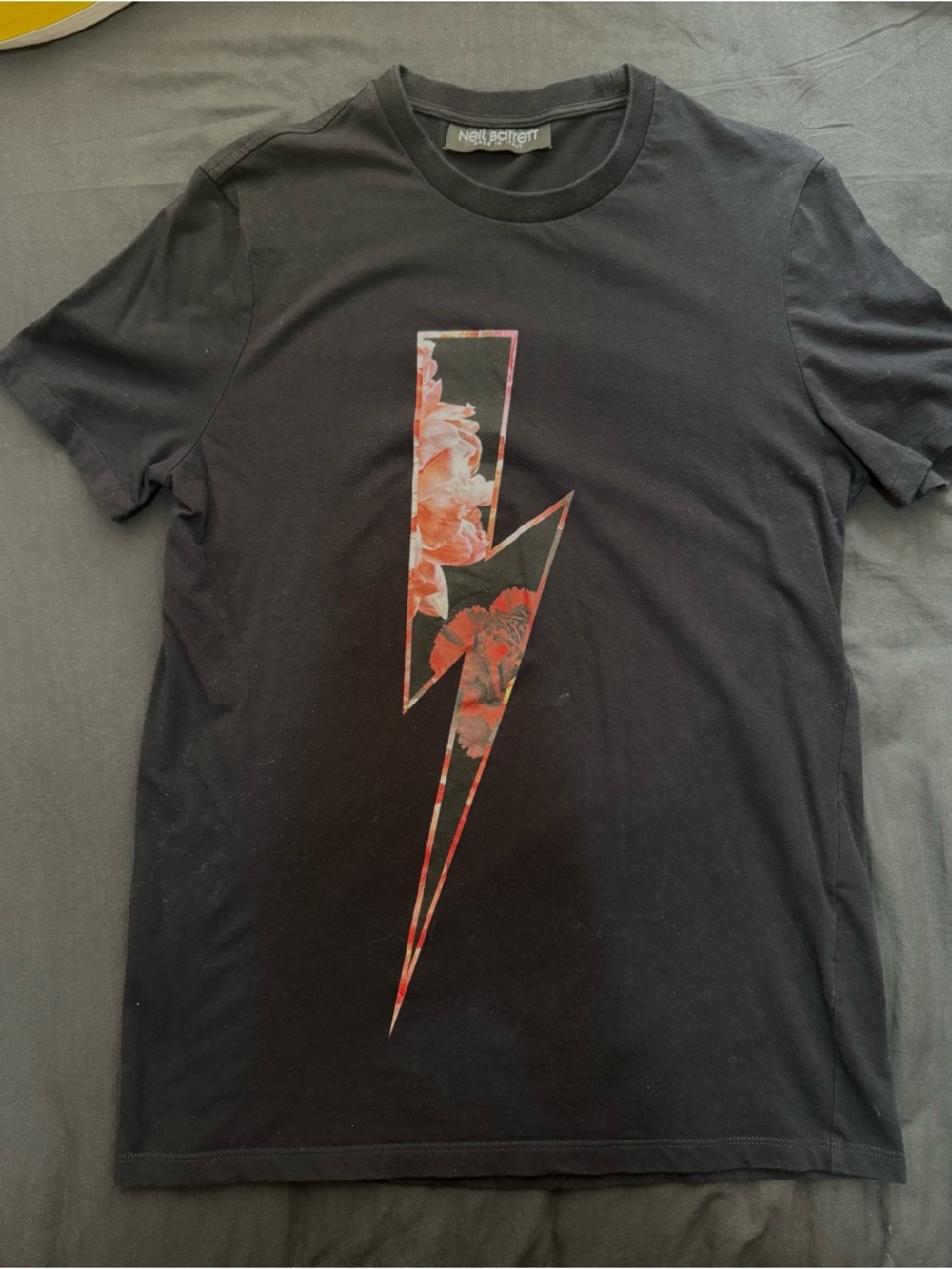 Neil Barrett Black Tee with Red Floral Bolt Graphic